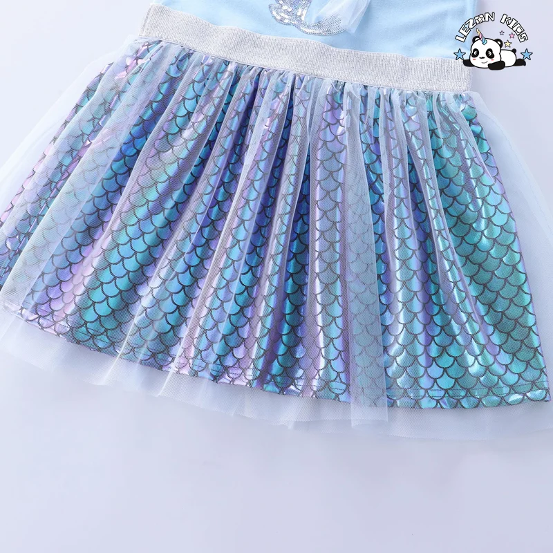 LEZONKIDS - Chegadas Recentes Vestidos de Sereia para Meninas Estampados com Malha de Escama de Peixe em Algodão, Sem Mangas, Verão, Vestidos Retos Fofo